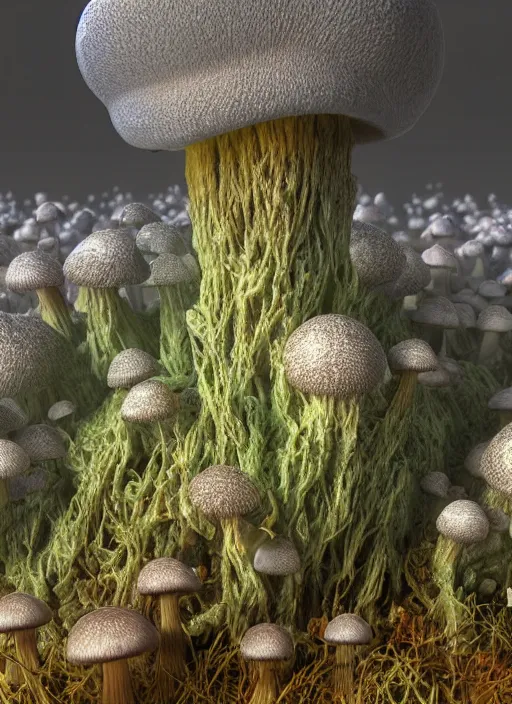 Image similar to mycelium growing into a mushroom, 3 d render in octane, glossy, fractals, beautiful lighting, fog, depth, under water, ernst haeckel