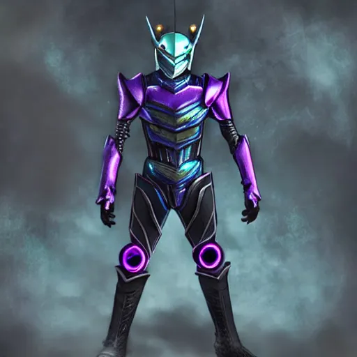 Prompt: High Fantasy Kamen Rider, glowing eyes, moody colors, daytime, grey rubber undersuit, segmented armor, Guyver Dark Hero