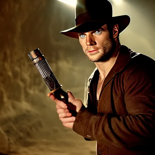 Prompt: still of Henry Cavill as Indiana Jones with a torch in a secret antic room, full body, cinematic light, by Steven Spielberg, movie, 4K