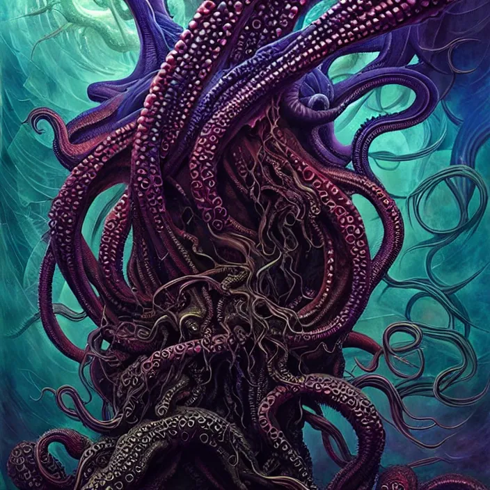 Prompt: depicting cthulhu, in the style of h. p. lovecraft, exuberant organic elegant forms, by karol bak and filip hodas : : 1. 4 purple, red, blue, green, black intricate mandala explosions : : intuit art : : turbulent water backdrop : : damask wallpaper : : atmospheric