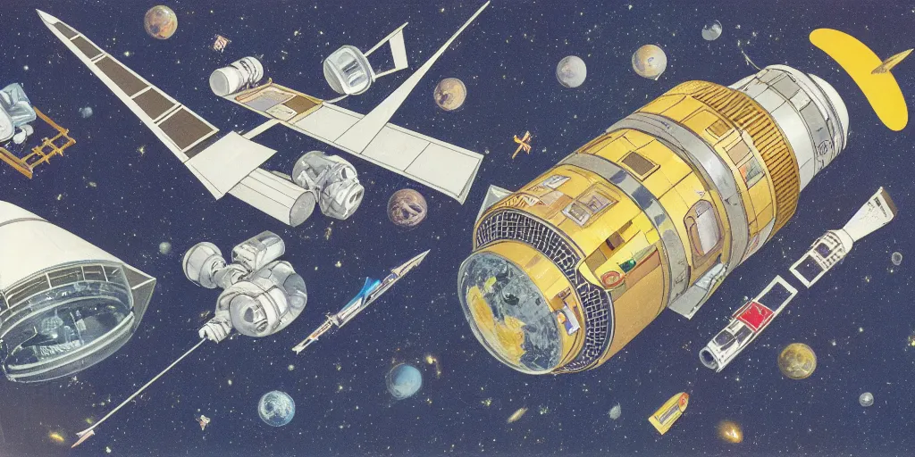 Prompt: 1 9 7 0 s nasa technical illustration concept art color archives space station habitat ring