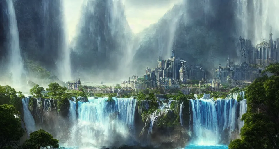 Image similar to a matte painting of beautiful religious science fiction city, with waterfalls, 8 k, cinematic lighting, hd, atmospheric, hyperdetailed, trending on artstation, deviantart, digital painting, concept art smooth sharp focus illustration, art by artgerm and raoul marks