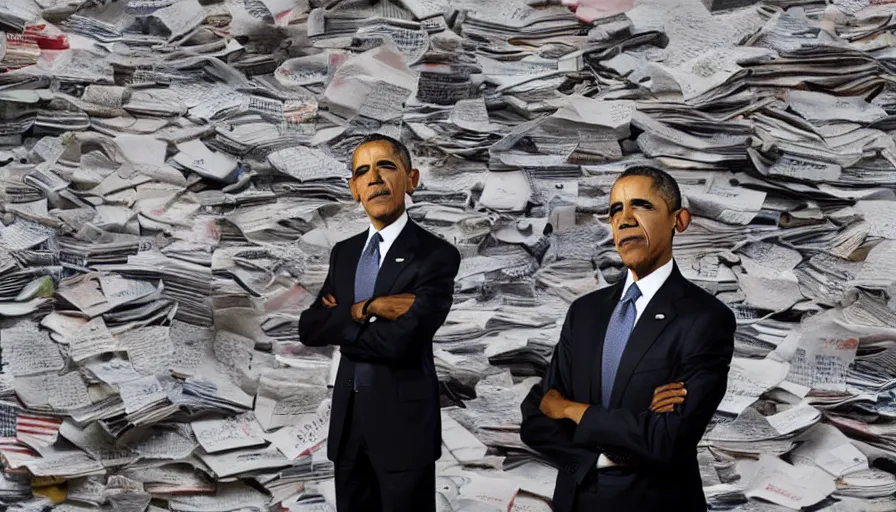 Prompt: obama nervously standing by a mountain of papers, cnn news footage, 8 k.