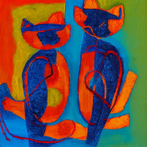 Prompt: abstract expressionist painting of two intertwined cats in the style of Kandinksy