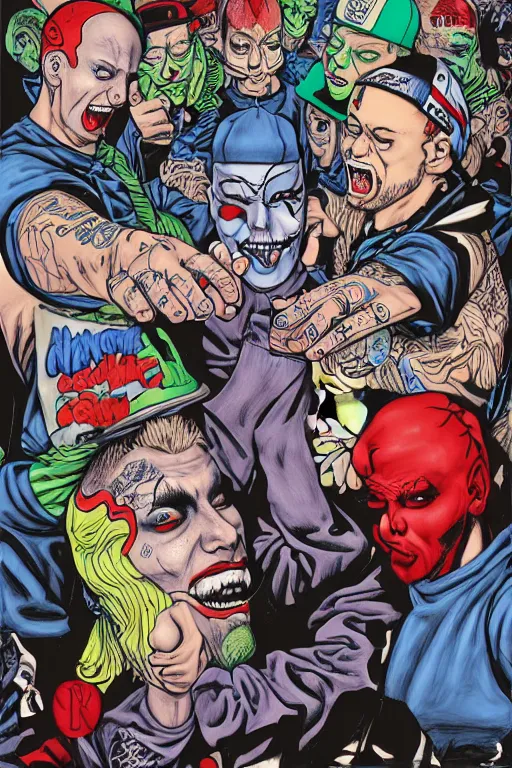 Image similar to eminem and insane clown posse fight, realistic, art by tafy laplanche, colored by james jean