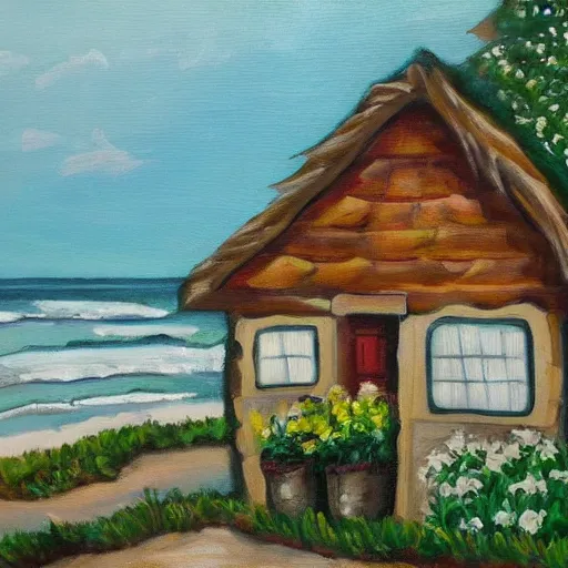 Prompt: A painting of a cozy cottage with a view of the beach