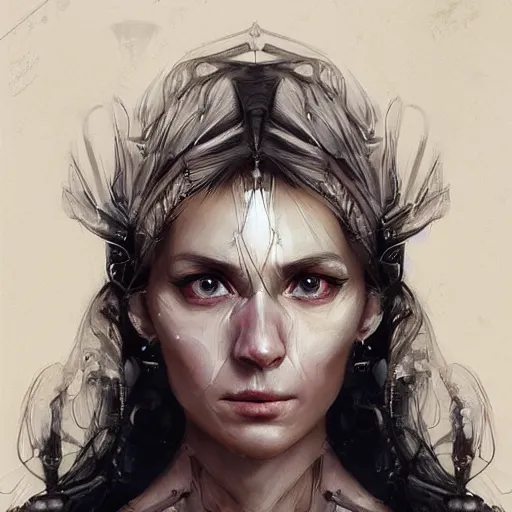 Prompt: surreal portrait of a woman by Greg Rutkowski and Artgerm, symmetrical face, she is about 30 years old, she is about 30 years old, pretty, blond hair with two strans around her face, slavic features, melancholic gaze, pretty aquiline nose, transformed into a kind of biomechanical transhuman goddes, uncany but fascinating, sad but determined look, cosmic void background, frightening, fascinating, highly detailed portrait, digital painting, book cover, artstation, concept art, smooth, sharp foccus ilustration, Artstation HQ