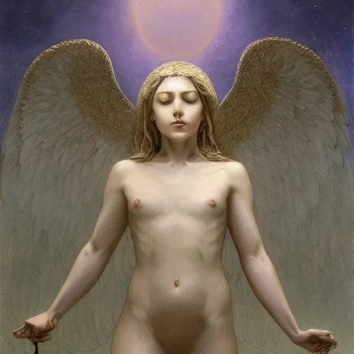 Image similar to A biblically accurate winged Angel with eyes within and without, LSD trip, fullbody, artstation, fantasy, concept art, dark, moonlight, incredible, smooth, sharp focus, illustration, art by greg rutkowski and orientalism and bouguereau and Zdzislaw Beksinski, good clear quality, lighting, biology, symmetrical artwork, perfect face, 135 mm, cinematic, hyper realism, high detail, octane render, 8k, chrome accents