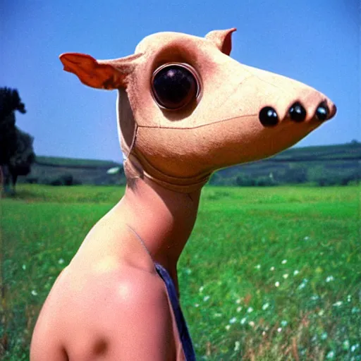 Prompt: beautiful woman with a long snout, wearing eyeballs on her head, in the countryside 1974 arthouse film, archival footage, technicolor film expired film