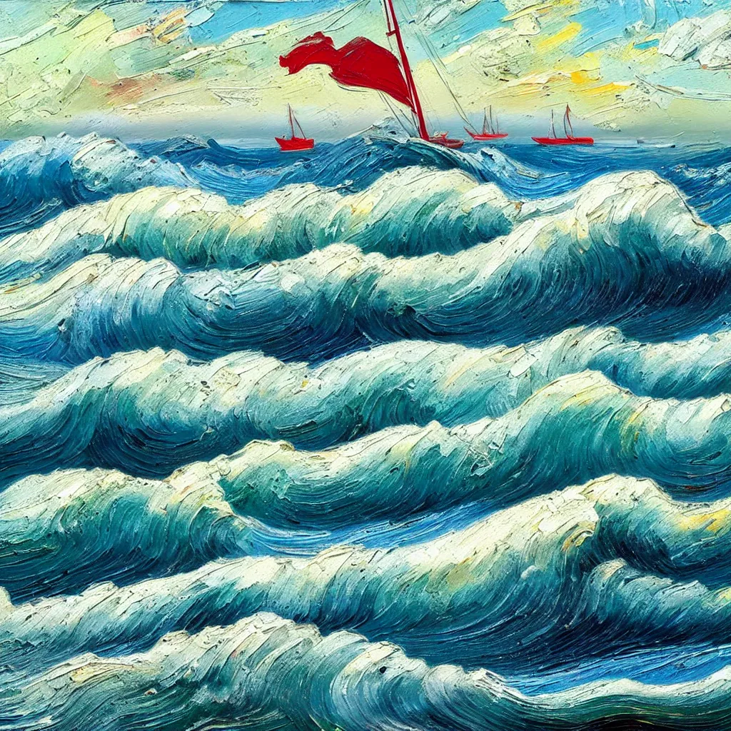 Image similar to Giant threatening beautiful Rolling waves, with a distant, dull red sailed yacht in the style of Jackson Pollack, with lots of stumbling, stumbled thick oil paint and painted in a style of painting similar to Van Gogh but more impasto and less hatching