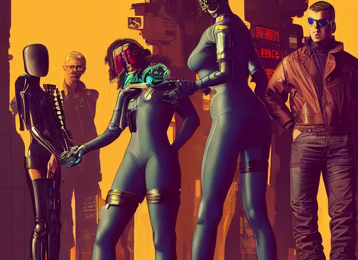 Image similar to cyberpunk heist crew. portrait by stonehouse and mœbius and will eisner and gil elvgren and pixar. character design. realistic proportions. cyberpunk 2 0 7 7 character art, blade runner 2 0 4 9 concept art. cel shading. attractive face. thick lines. the team. diverse characters. artstationhq.