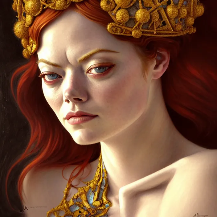 Image similar to ancient queen emma stone, symetrical, diffuse lighting, fantasy, intricate, elegant, highly detailed, lifelike, photorealistic, digital painting, artstation, illustration, concept art, 4 k, smooth, sharp focus, art by john collier and albert aublet and krenz cushart and artem demura and alphonse mucha