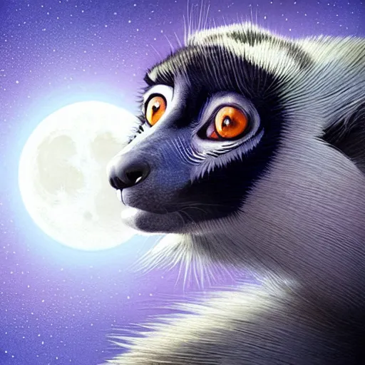 Image similar to geometric lemur, moon in the background, intricate, elegant, highly detailed, digital painting, artstation, concept art, smooth, sharp focus, illustration, art by artgerm