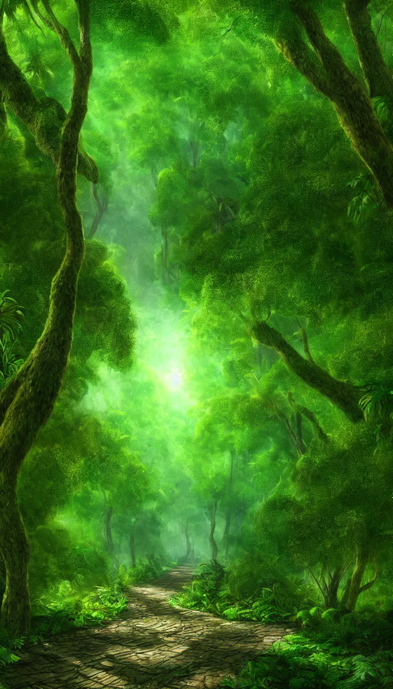 Prompt: highly detailed photo of a single path leading through trees of dense jungle, hyper realistic, concept art, 8 k detail post - processing
