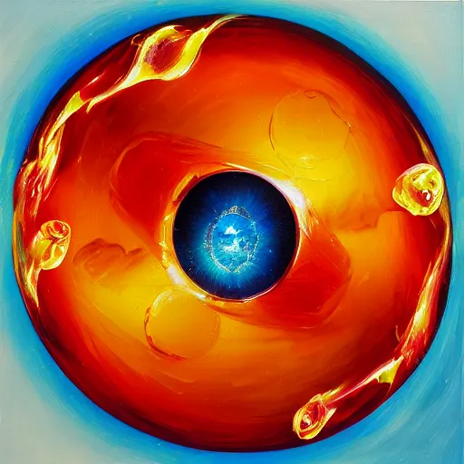 Image similar to soap bubble with fireball inside, oil painting