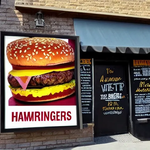 Image similar to photo of a sign outside of a restaurant with the text We Sell Hamburgers