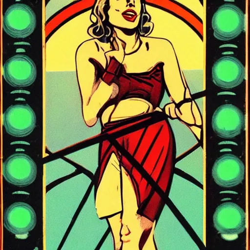 Prompt: art deco tarot card of Billie Piper doing magic with a traffic light and tire iron