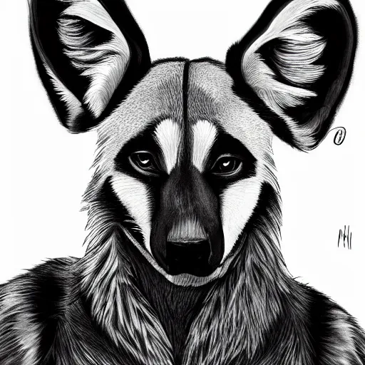 Image similar to a full - body centered front - perspective furry male fursona portrait, a male african wild dog fursona, with a yin and yang tattoo on the left side of the chest, trending on twitter, high - resolution, photorealistic