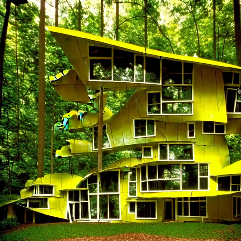 Image similar to a mid-century modern house with big tiles in a forest, designed by Frank Gehry. Film grain, cinematic, yellow hue