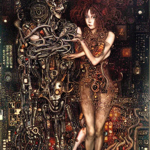 Image similar to depraved cybernetic demon lovers trapped in circuitry, intricate detail, klimt, royo, whealan,