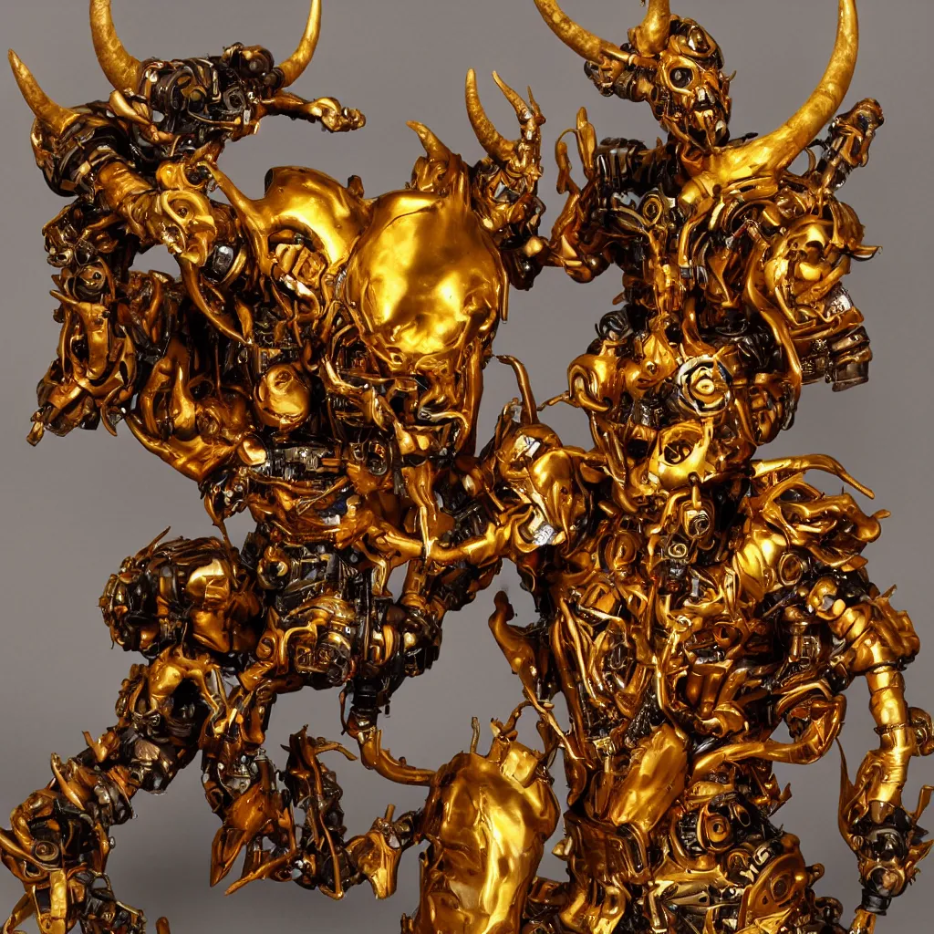 Prompt: a demented cyborg with gold horns, made out of liquid amber