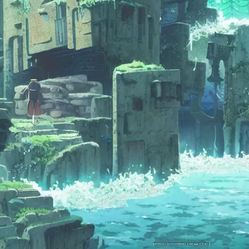 Image similar to an explorer finding ruins of a cat civilization, water, by Dice Tsutsumi, Makoto Shinkai, Studio Ghibli