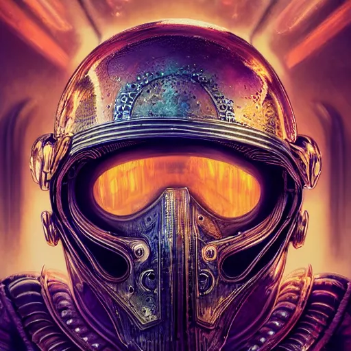 Image similar to dan mumford tom bagshaw, rainbow lighting world giger curiosities carnival stars, photorealistic medium shot octane render of a single very beautiful thicc female helmet face full long cyberpunk metallic armored ornate, accurate features, focus, very intricate ultrafine details, award winning masterpiece