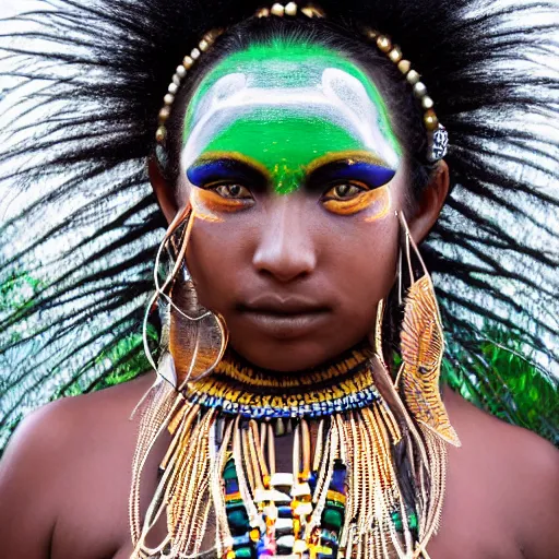 Image similar to minimalist photography portrait of an elaborately adorned female shaman warrior, face paint, symmetrical, super close up, mid thirties, cute round green slanted eyes, ebony skin, wide nostrils, chubby cheeks, high flat eyebrows, ethereal essence, angelic, leica 1 0 0 mm f 0. 8