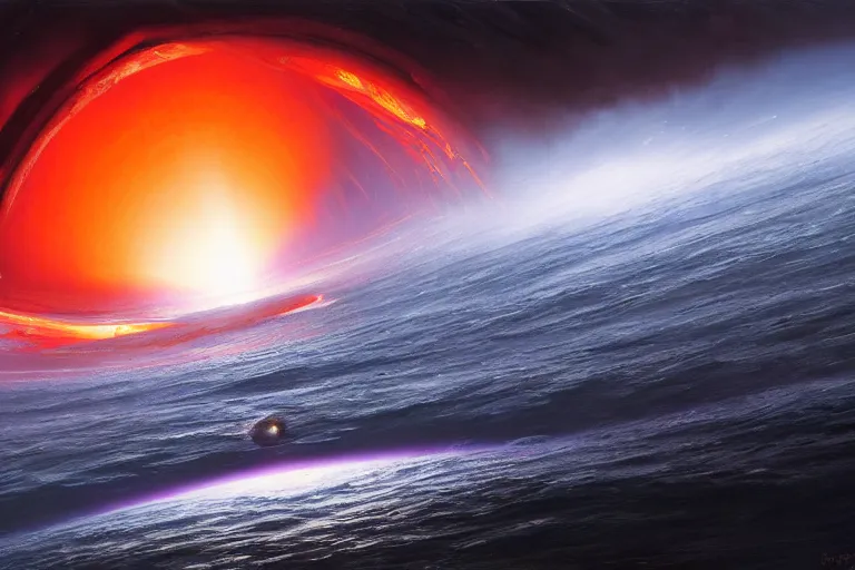 Image similar to a beautiful oil painting of the event horizon of a black hole, orange, warping, detailed, beautiful, awe - inspiring, bright, by greg rutkowski, trending on artstation