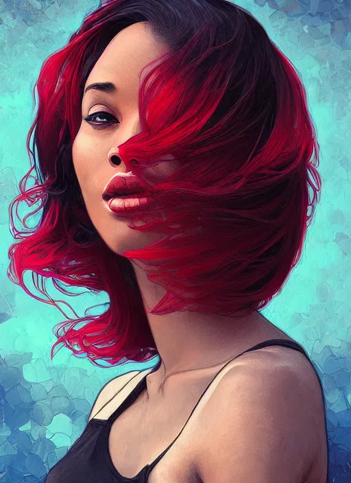 Image similar to handsome and beautiful black women with shoulder length bright red hair, half body shot, path traced, highly detailed, high quality, digital painting, alena aenami, lilia alvarado, shinji aramaki, karol bak, alphonse mucha, tom bagshaw