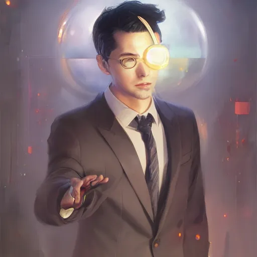 Prompt: A Man in suit, glass ball in place of head, by Stanley Artgerm Lau, WLOP, Rossdraws, James Jean, Andrei Riabovitchev, Marc Simonetti, Yoshitaka Amano, ArtStation, CGSociety,