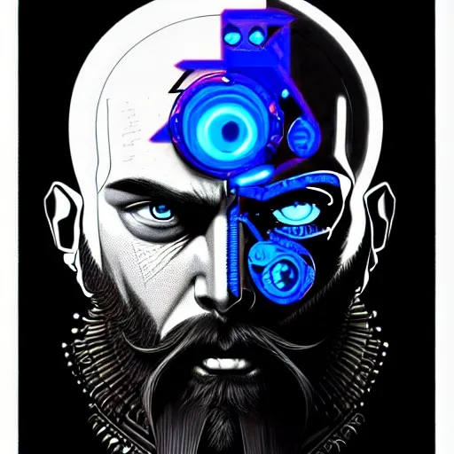 Image similar to bearded man with extremely large and intricate eye cyberpunk bionics with angry blue eyes and slim features looking askance, eye cyberpunk bionics, retro futurist style, intricate, elegant gleaming intricate baroque jewelry, angelic halo, highly detailed, digital painting, artstation, concept art, smooth, sharp focus, illustration, art by wlop, mars ravelo and greg rutkowski,