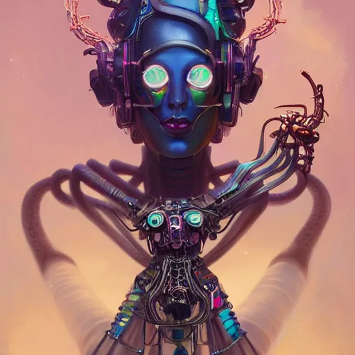 Prompt: portrait biomechanical spider king, cyberpunk, bionics, augments, lights, cables, elegant gleaming intricate baroque jewellery, colorful, vivid, imposing, epic, digital painting, artstation, concept art, by peter mohrbacher and wlop and rhads,