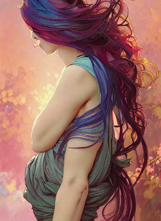 Image similar to a young woman with beautiful rainbow hair. she looks very angry. beautiful painting by artgerm and greg rutkowski and alphonse mucha lois van baarle