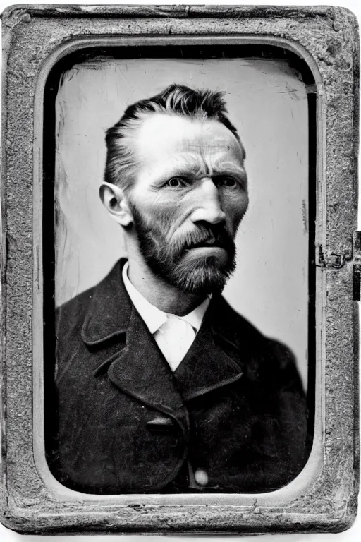 Prompt: a 1 8 7 0 dark, monochrome, glass negative, silver gelatine realistic, supersharp, supersharp, realistic, photographic daguerreotype portrait of vincent van gogh, shallow depth of field