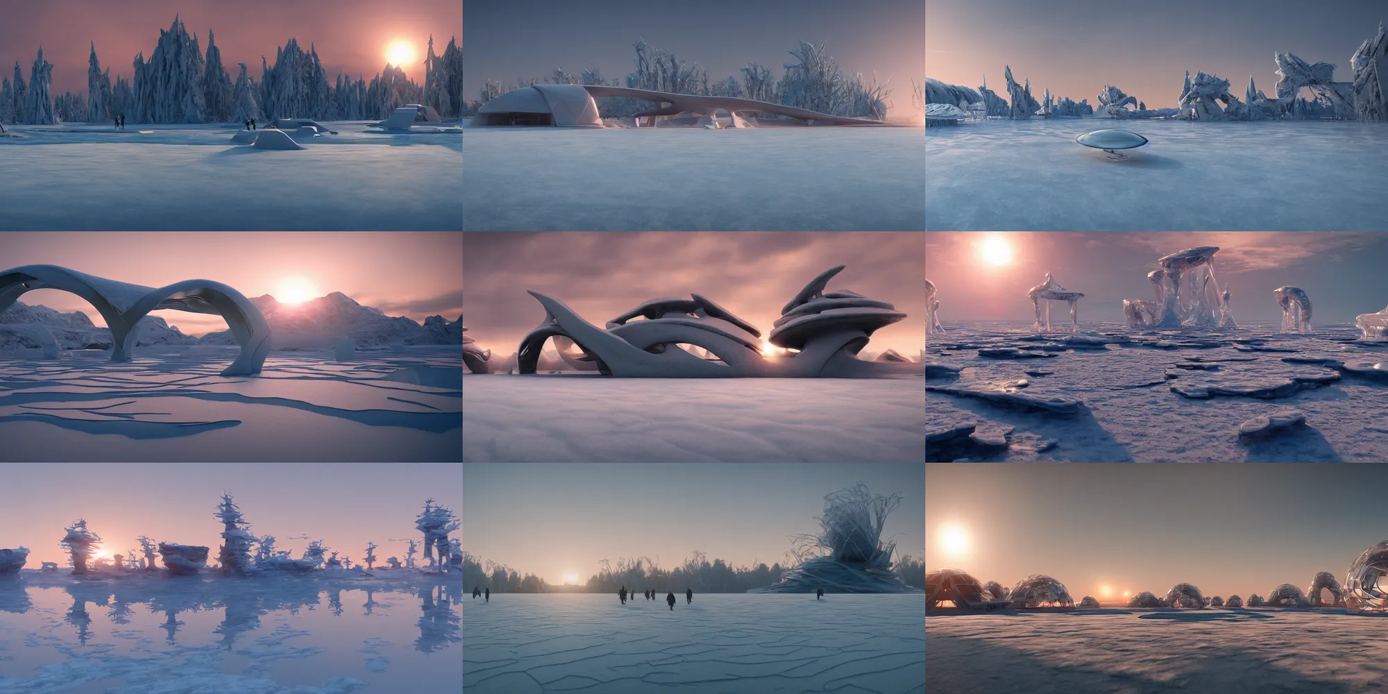 Prompt: futuristic structures on a beautiful frozen lake at sunset by dylan cole, cinematic, film concept art, octane render, trending on artstation