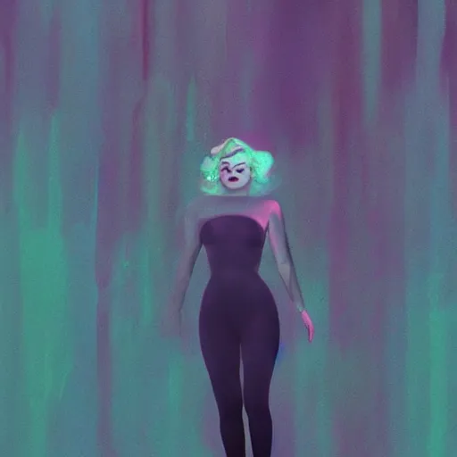 Image similar to long Shot of psychedelic Marilyn Monroe standing in misty chromatic astral temple , stylish, lsd, soft, trending on artstation, cinematic, artwork by WLOP