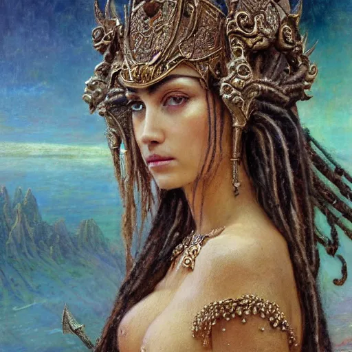 Image similar to intricate detail, hyper detail, by gaston bussiere, bayard wu, greg rutkowski, h. r. giger, greg rutkowski, sandro botticelli, lady of elche, techno mystic goddess princess intergalactica, goddess inanna, ashteroth, with aqua rapunzel dreadlocks, mami wata, detailed, masterpiece, sharp focus,