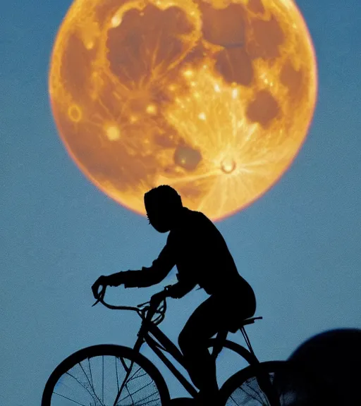 Image similar to superman riding a flying bike across the full moon as silhouette, from the movie e. t. the extra terrestrial, with dark trees in foreground, cinematic frame by steven spielberg, hd