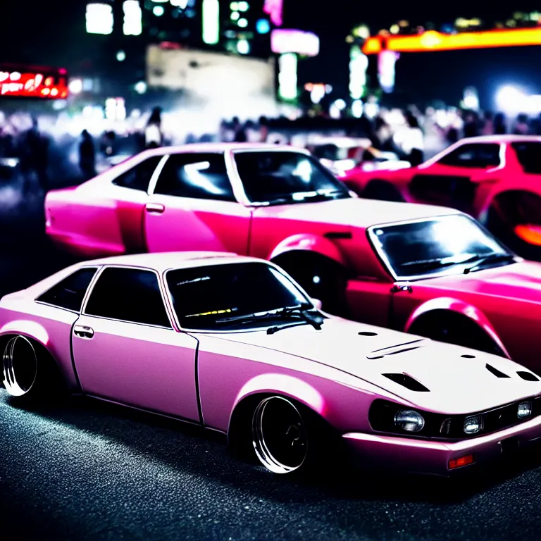 Prompt: a car S30 twin turbo drift at illegal car meet, Shibuya prefecture, city midnight mist lights, cinematic lighting, photorealistic, highly detailed wheels, high detail