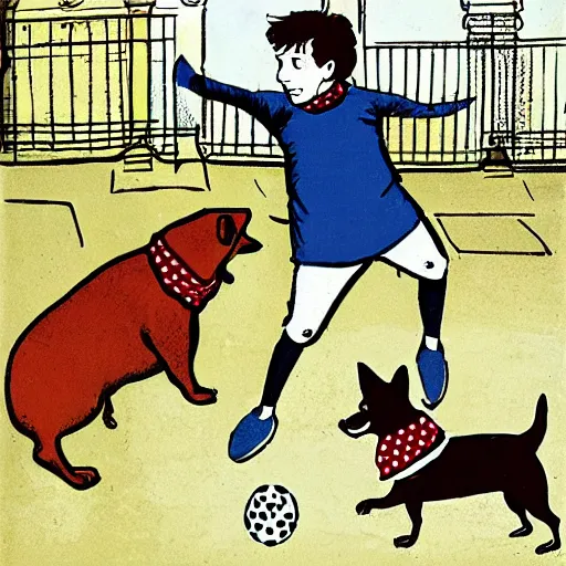 Image similar to illustration of french boy on the streets of paris playing football against a corgi, the dog is wearing a polka dot scarf, comic, 1 9 7 2