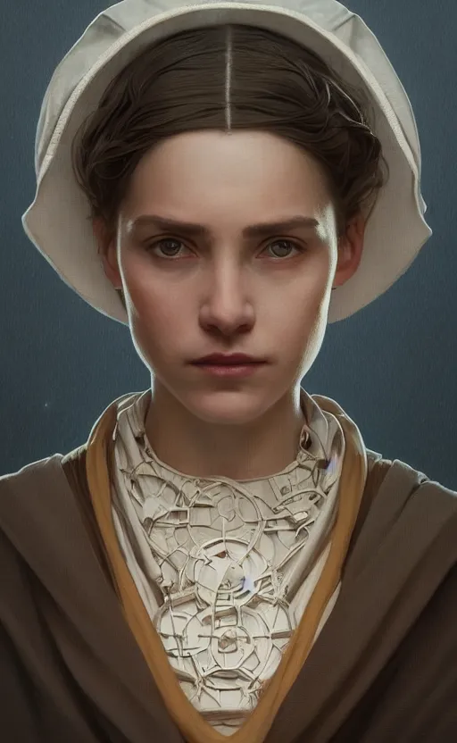 Image similar to portrait of a dystopian woman wearing an outfit inspired by the handmaid ’ s tale ( 2 0 1 7 ), intricate, headshot, highly detailed, digital painting, artstation, concept art, sharp focus, cinematic lighting, digital painting, art by artgerm and greg rutkowski, alphonse mucha, cgsociety