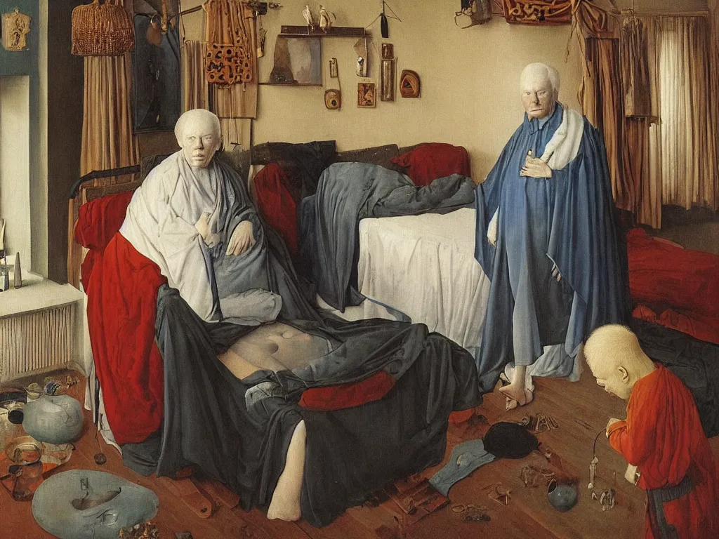 Image similar to Portrait of albino mystic with blue eyes, standing near the bed of a very old man with leprosy. Painting by Jan van Eyck, Audubon, Rene Magritte, Agnes Pelton, Max Ernst, Walton Ford