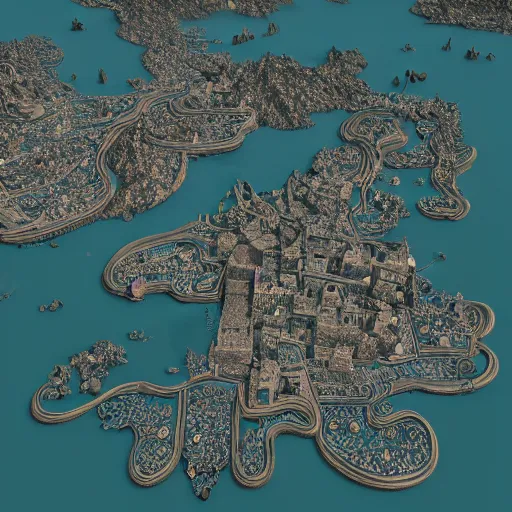 Image similar to intricate baroque kawaii cartography map of a fantasy world : : terrain cartography, fantasy aesthetic, autodesk 3 d rendering, v - ray collection, maverick studio, arnold 3 d render, blender render, indigo renderer, redshift render, enscape render, maxwell render, luxcorerender, renderman, lumion render, marmoset render