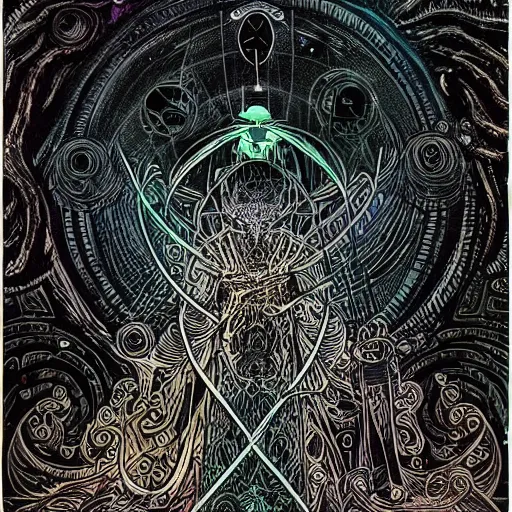 Image similar to black paper + tarot card + eldritch god, vintage detailed sci - fi illustration designed by marc simonetti and mike mignola + psychedelic black light style + intricate ink illustration + symmetry + bloodborne