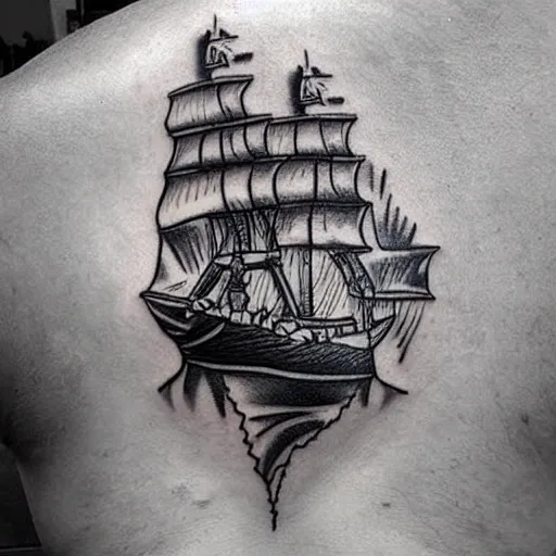 Image similar to a pirate ship sailing in the sea, realism tattoo design, amazing shades, clean white paper background, by Matteo Pasqualin tattoo artist