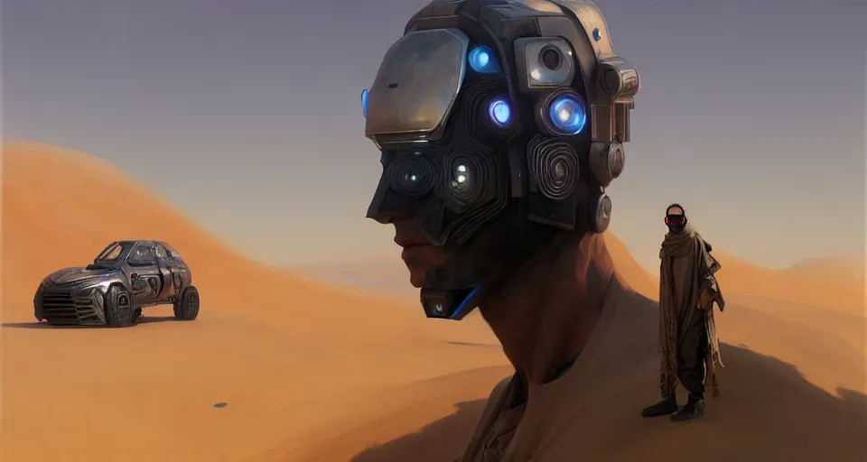 Image similar to painting of a protrait of a cyberpunk touareg, by ruan jia, weldon casey, ralph mcquarrie. smooth gradients, transparent inflatable structures in akakus desert. artstation