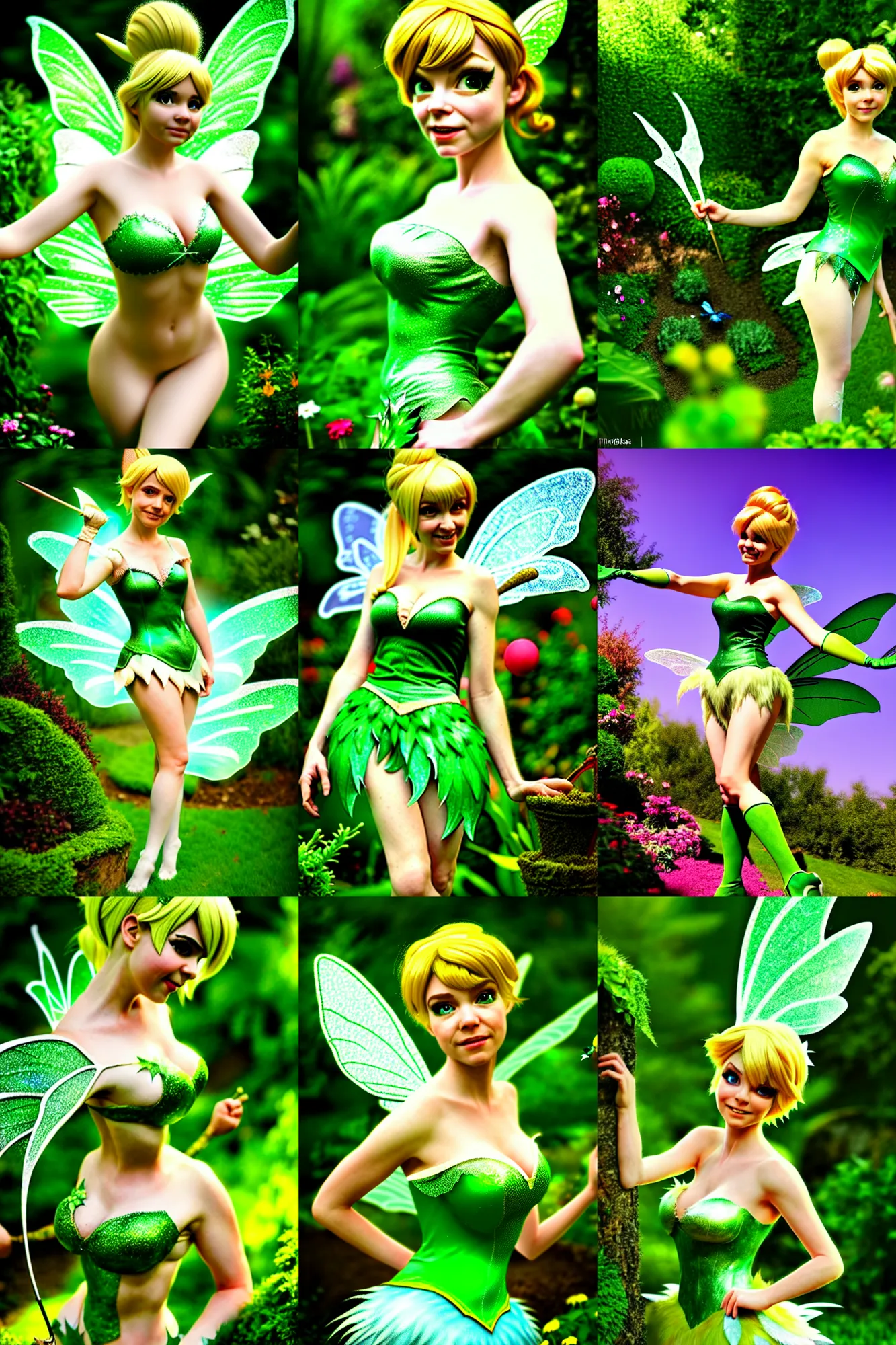 Prompt: a highly detailed and realistic photo of the tinker bell fairy cosplay on a garden, artstation, 4 k, correctly anatomy, good light