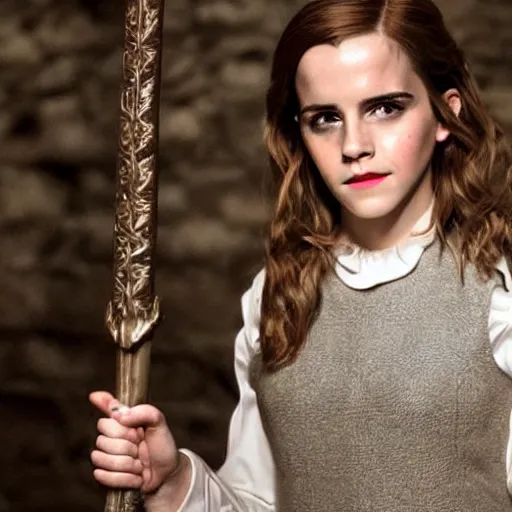 Prompt: emma watson cosplaying hermione granger at hogwarts, dramatic lighting, photorealistic, cinematic scene, super detailed, hyper realistic