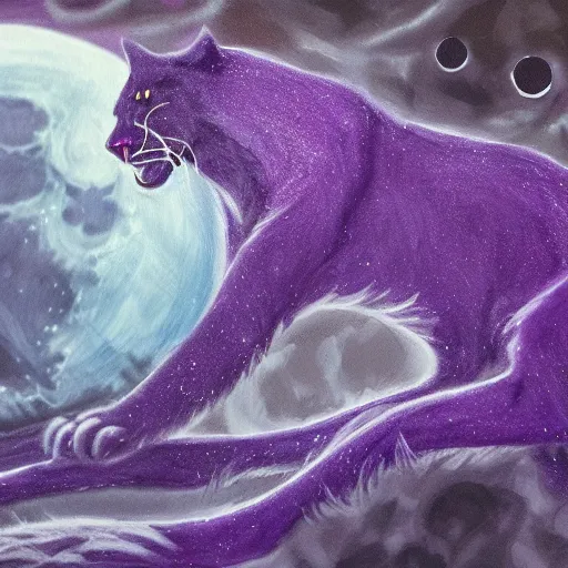 Prompt: closeup of a purple panther roaring at the moon in the forest. night. large moon in the center. cinematic. painting. concept art.